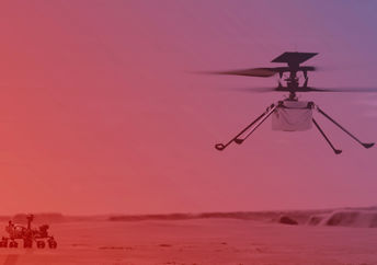 An illustration of NASA's Ingenuity helicopter in flight with the rover Perseverance watching below.