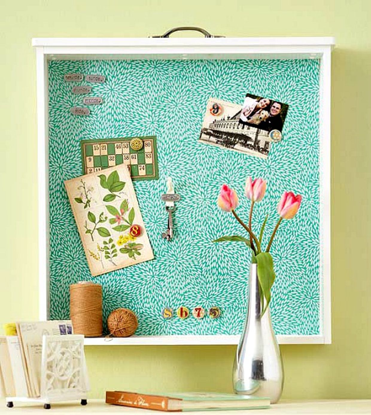 Upcycled bulletin board as a diy home decor idea