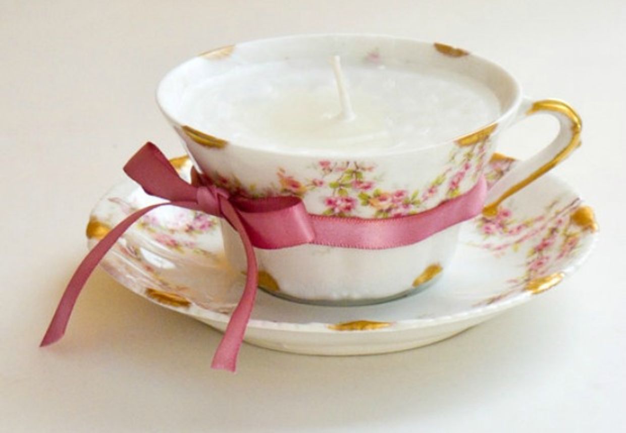 Teacup upcycled as candle is a diy home decor idea