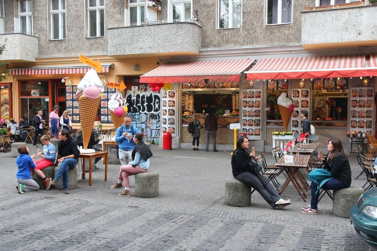 People dine out in Wrangelkiez area of Kreuzberg district in Berlin.