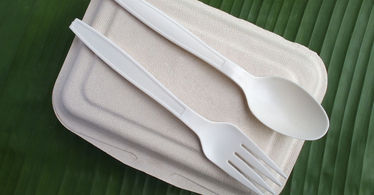 bio plastic spoon fork and biodegradable lunch box on banana leaf