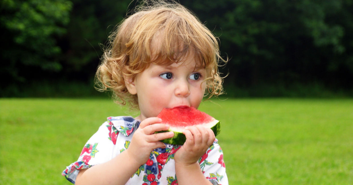 Little girl taking a bite out of watermelon wedge