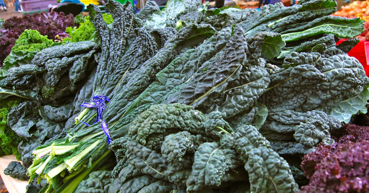 Farmer’s market table piled high with fresh bundles of kale.