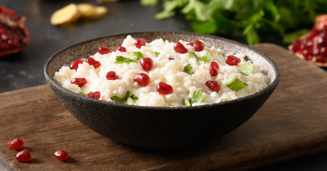 Curd Rice with pomegranate is a healthy Indian dish.