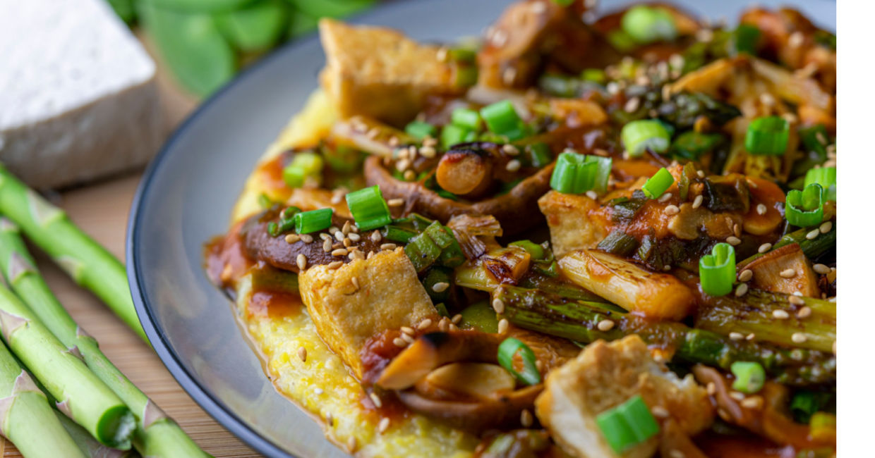 Vegan Tofu with polenta is a healthy one-bowl dinner.