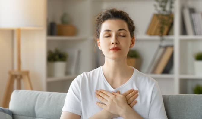 A woman looks calm.