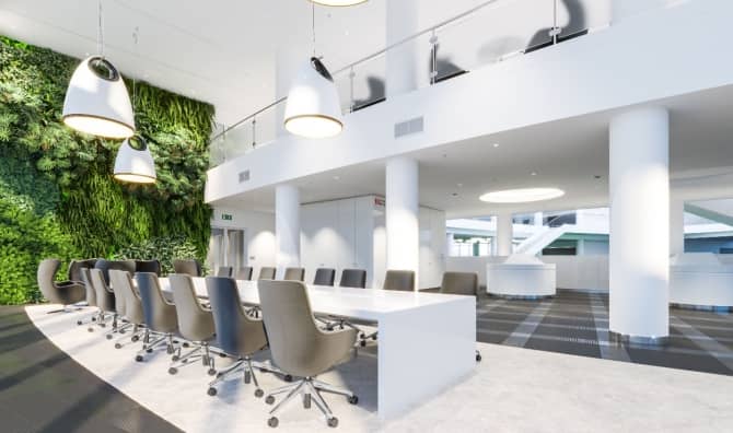 A green wall in an office.