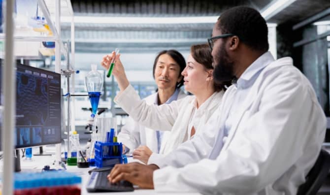 Lab workers researching new medical breakthroughs.