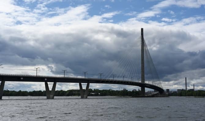 A wide view of the Kruunuvuori Bridge in Helsinki, Finland.