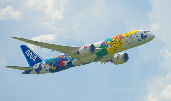 A Japanese airplane decorated in Pokémon characters.
