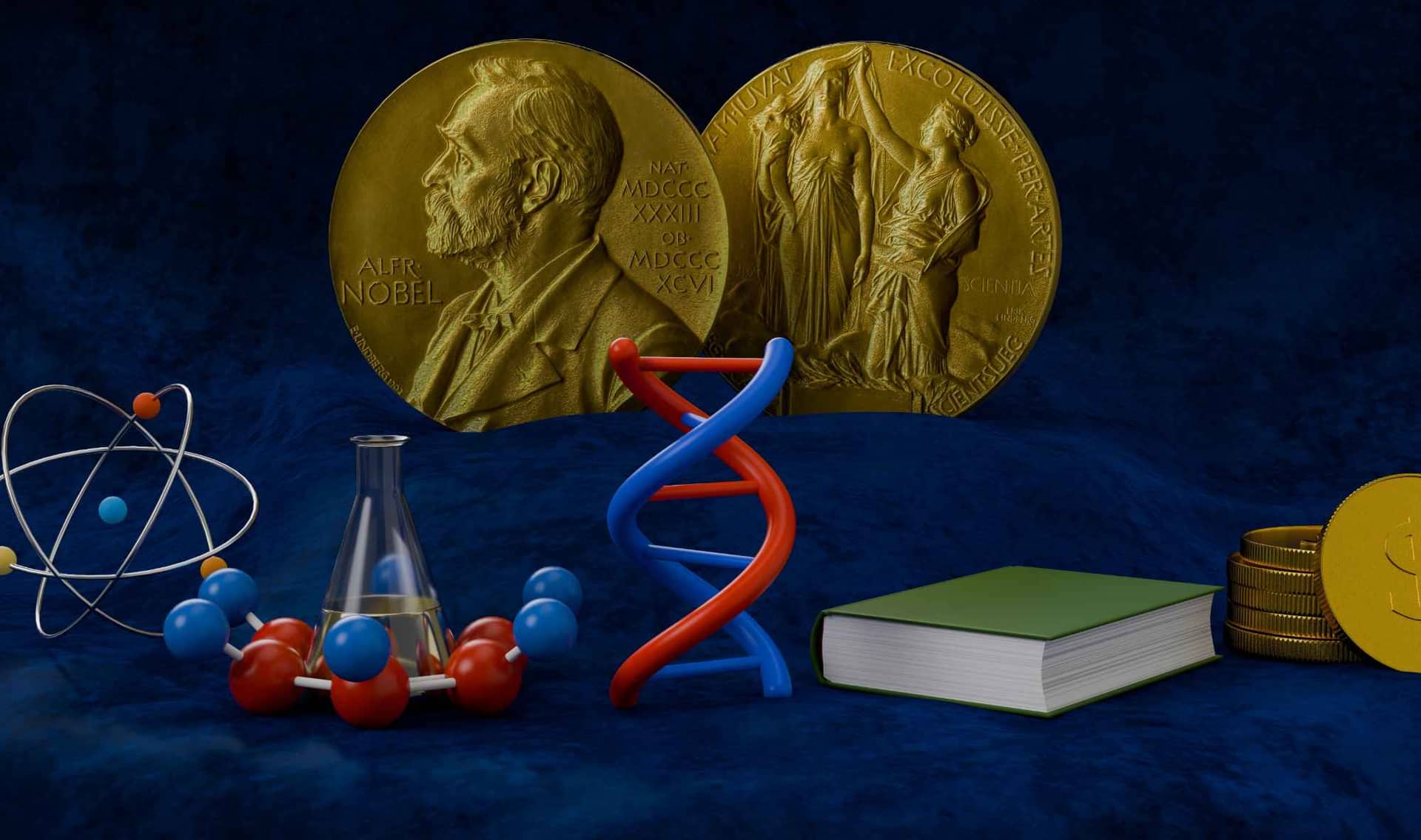 Nobel prize medals surrounded by the categories.