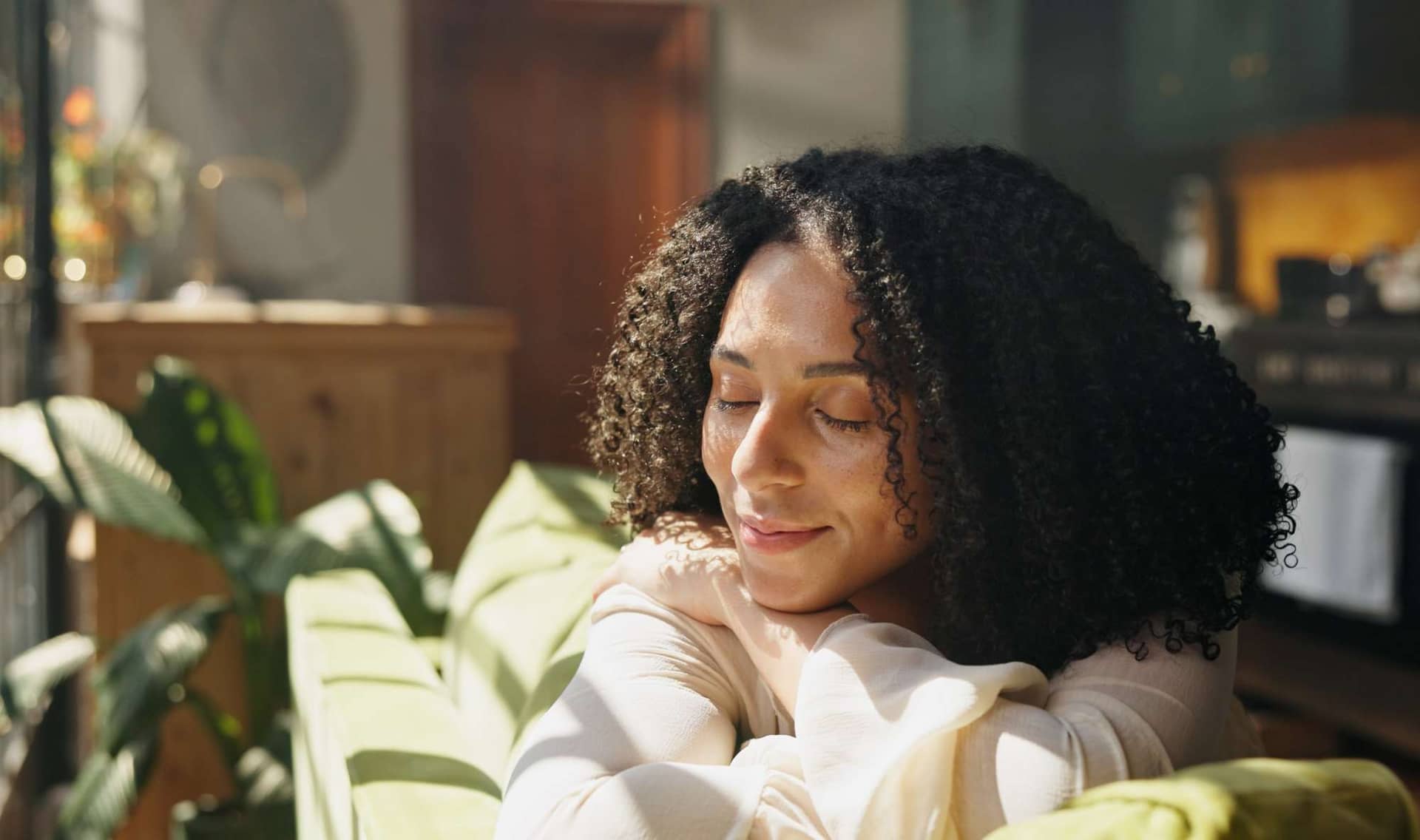 Woman practicing smile meditation.