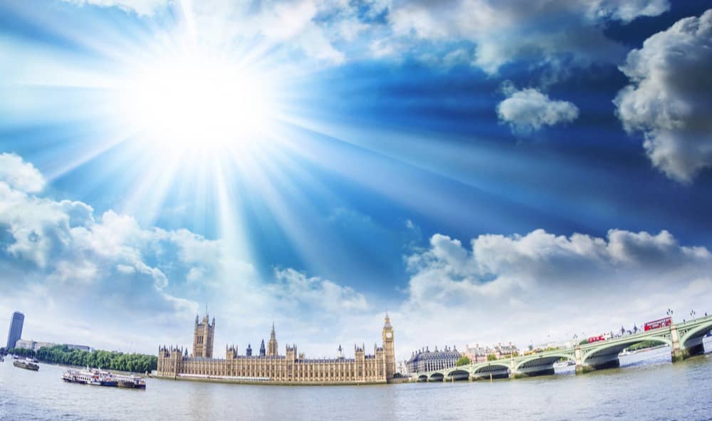 Sunrays over London and its River Thames.