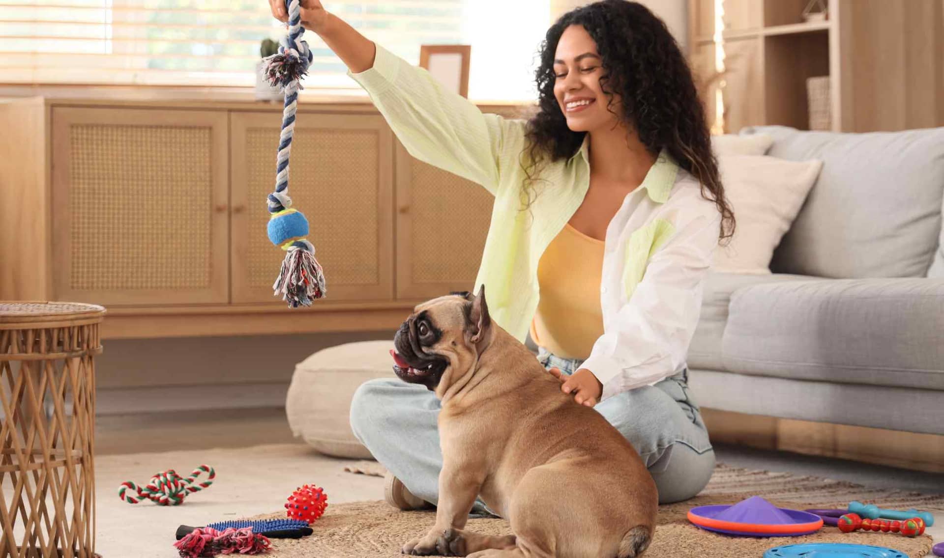 Woman Playing with her French bulldog.