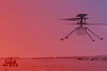 An illustration of NASA's Ingenuity helicopter in flight with the rover Perseverance watching below.