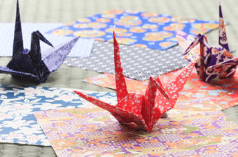 Origami paper cranes perch on colorful paper.