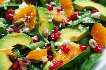 Close-up of spinach and avocado salad.