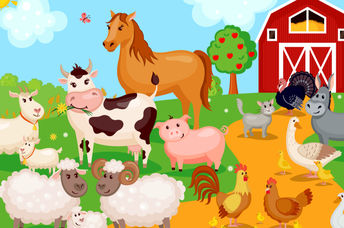 Cartoon of farm animals at ease on a farm.
