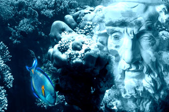 Face of ancient status on an underwater background with corals and fish.