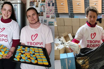 Ukrainian volunteers help put together kits for the elderly and large families.