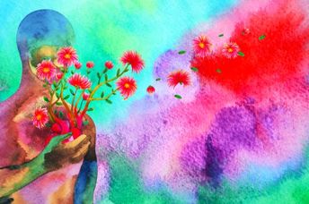 Compassion expressed in a watercolor painting of a human red heart healing flower.