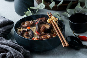 Asian noodle soup is full of umami, and mushrooms.