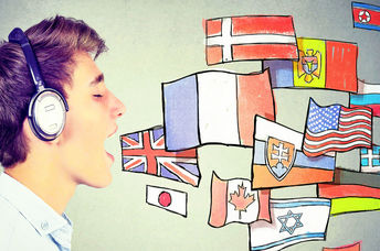 A young man speaking many languages, represented by flags of countries.
