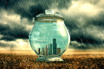 City buildings in a glass jar to emphasize protection from heavy rain.