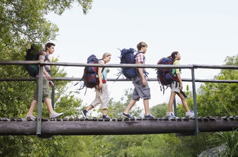 Teenagers walking on the bridge.