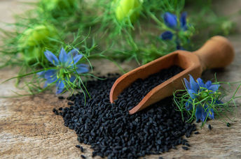 Black cumin seeds and flowers.