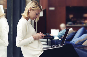 Working at the coffee shop.