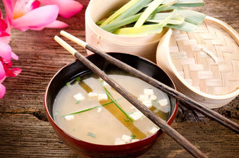 Japanese miso soup with seaweed.
