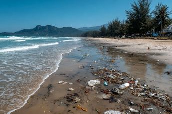 A polluted beach with scattered plastic trash.