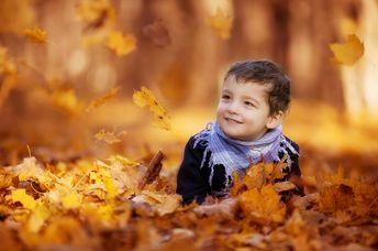 Young boy playing in the fallen leaves.