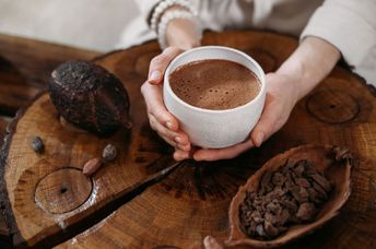 Ceremonial cacao in white cup.