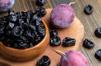 Purple plums can be dried into prunes.