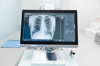 A chest X-ray on a medical monitor.