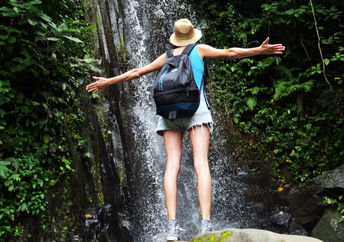 person walking in a green forest