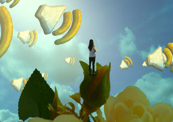 Dreamy illustration of woman listening to higher self.