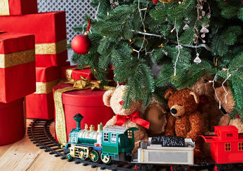 Toys under Christmas tree.