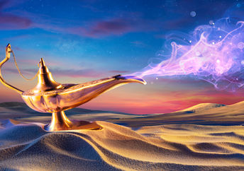 Magical genie lamp in a desert wafting an exotic oud fragrance.