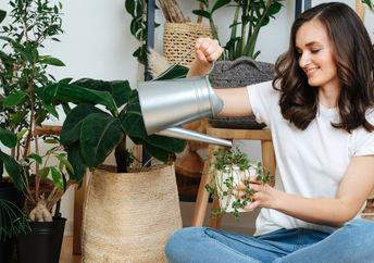 A woman sits on the floor caring for her houseplants.