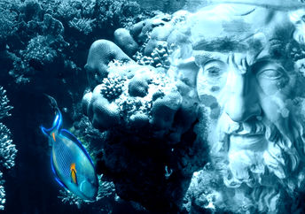 Face of ancient status on an underwater background with corals and fish.