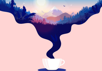 Coffee cup with steam and a beautiful sunrise in a landscape with forest, mountains and blue sky.