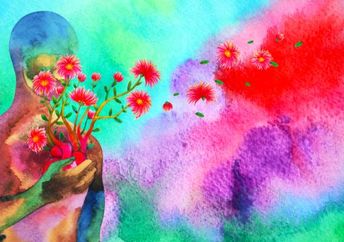 Compassion expressed in a watercolor painting of a human red heart healing flower.