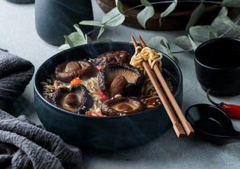 Asian noodle soup is full of umami, and mushrooms.