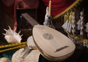 Musical still life in the Renaissance style with lute and flutes.