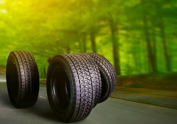 Car tires on a forest road in summer with trees in the background.