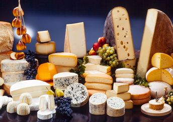 Assortment of cheese and fruit.