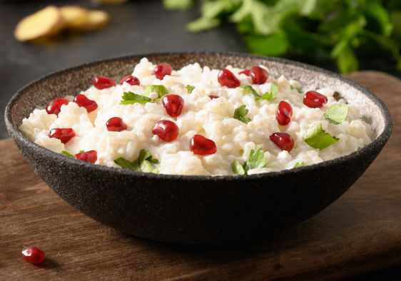 Curd Rice with pomegranate is a healthy Indian dish.